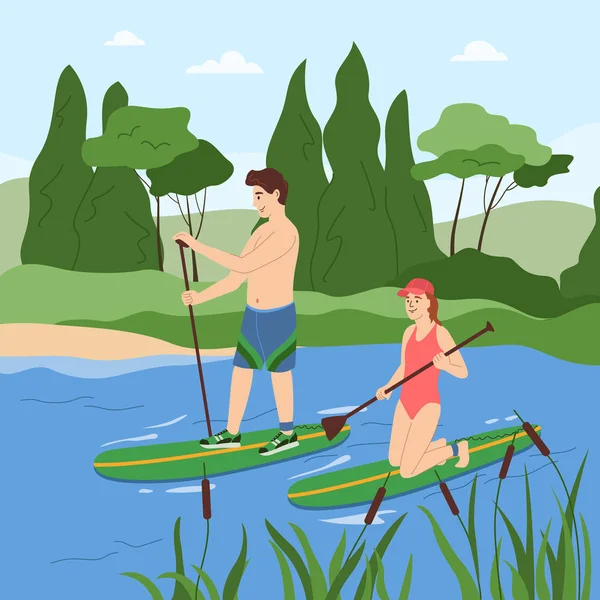 Summer Family Activities Flat Background Young Couple Controlling Sup Boats — Stockvector