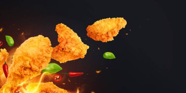 Ateş biberi yaprakları ve tavuk kanatları illüstrasyonunun siyah arka plan alevleriyle tavuk fast food gerçekçi kompozisyonu