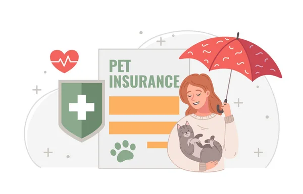 宠物保险服务卡通画 附有医疗标志 妇女用手捂住猫 并附有伞形病媒图解 — 图库矢量图片