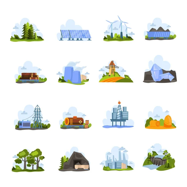 Renewable Nonrenewable Resources Flat Icons Set Solar Water Fossil Wind — Stock Vector