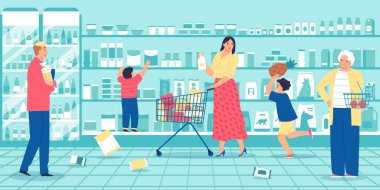 Çocukluk, kötü davranışlar sergiliyor. Kızgın anne ve müşteriler süpermarket vektör ilüstrasyonunda yaramazlık yapan çocuklara bakıyor.