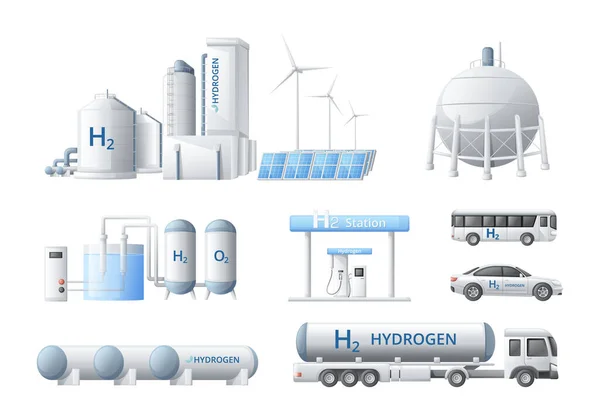 Zöld Hidrogén Energia Üzemanyag Előállítás Rajzfilm Készlet Elszigetelt Kompozíciók Ipari — Stock Vector