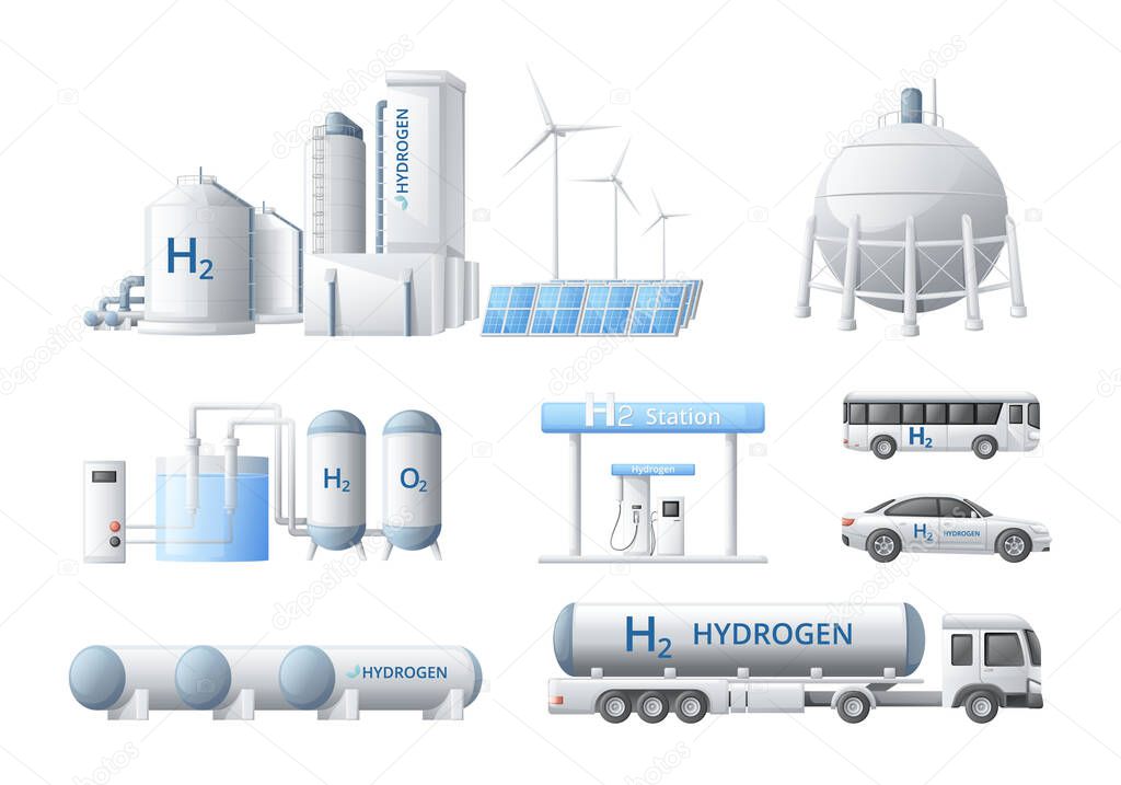 Green hydrogen energy fuel generation cartoon set of isolated compositions with industrial facilities vehicles and storages vector illustration