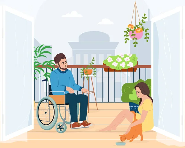 与坐在轮椅上的残疾男子在阳台上的邻居与年轻女孩交谈喂猫媒介图解 — 图库矢量图片