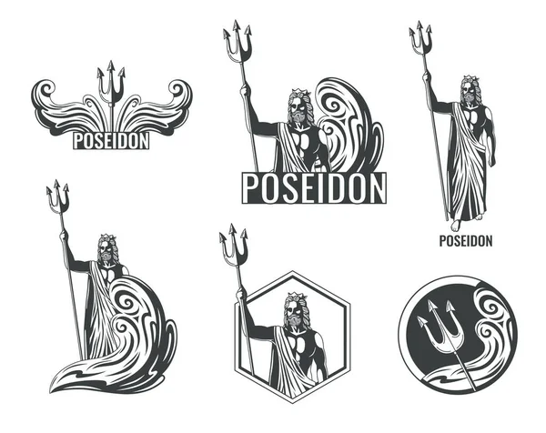 Черно Белые Эмблемы Греческого Бога Посейдоном Трезубчатой Изолированной Векторной Иллюстрацией — стоковый вектор
