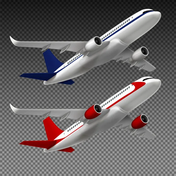 ブランドの赤と青の旅客機のベクトル図と透明な背景に現実的な画像の飛行機セット — ストックベクタ