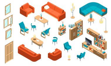 İzole edilmiş pencere simgeleriyle Isometric ev mobilyası iç seti yumuşak sandalye kitaplıkları ve zemin lambaları illüstrasyon