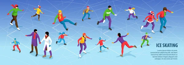 People children families skating on ice rink isometric infographics with editable text 3d vector illustration