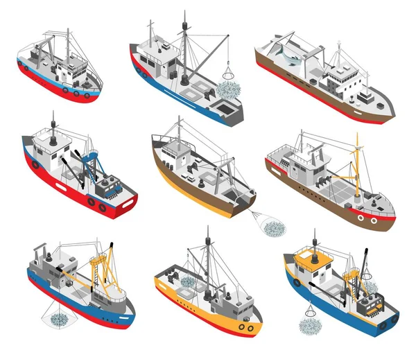 Conjunto Isométrico Varios Barcos Pesca Comerciales Colores Con Redes Ilustración — Vector de stock