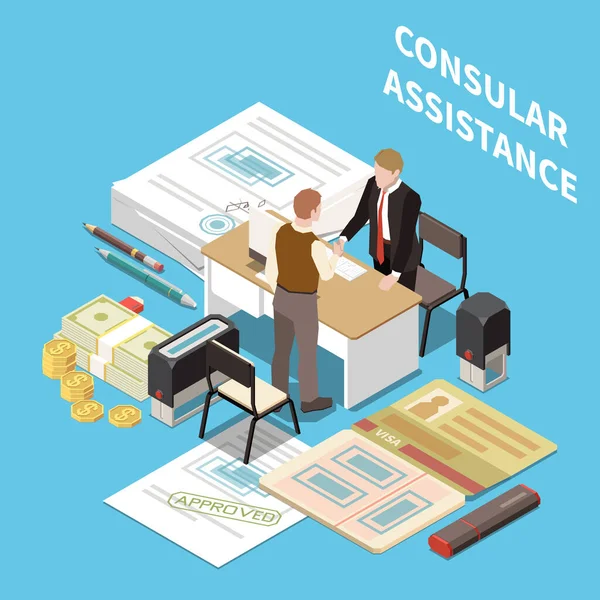 Assistance Consulaire Composition Isométrique Avec Diplomate Aide Touristique Avec Pays — Image vectorielle
