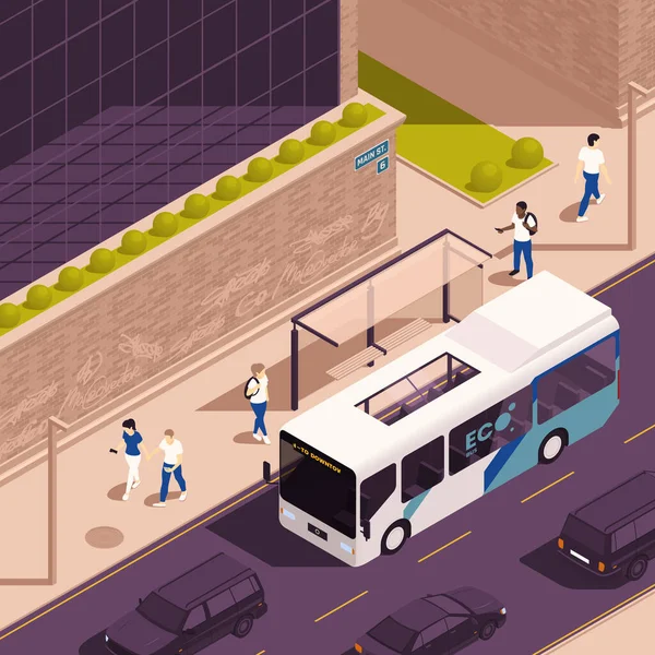 Концепция Устойчивого Общественного Транспорта Изометрической Векторной Иллюстрацией Экоавтобуса — стоковый вектор
