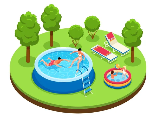 Isometric Swimming Pool Composition Isolated Platform Forest Terrain Inflatable Pools — Stock Vector