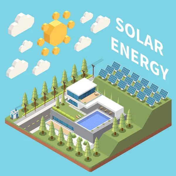 Koncepcja Izometryczna Zielonej Energii Podstacją Elektryczną Panelami Słonecznymi Zainstalowanymi Pobliżu — Wektor stockowy
