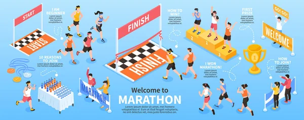 Infográficos Maratona Isométrica Com Pessoas Correndo Início Fim Ilustração Vetorial — Vetor de Stock