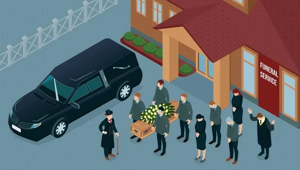 Funeral Service Isometric Background Hearse People Carrying Coffin Mourning Guests — Stock Vector