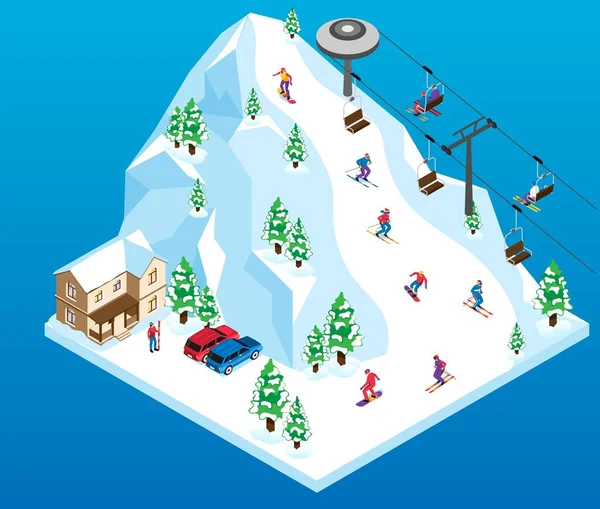 Ισομετρική Χιονοδρομικό Κέντρο Αθλητές Χιονισμένο Λόφο Διανυσματική Απεικόνιση — Διανυσματικό Αρχείο