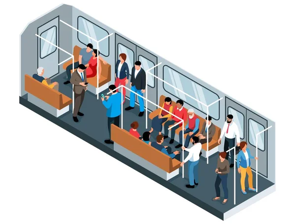 Isometric Subway Concept Train Interior Full Passengers Vector Illustration — Stock Vector