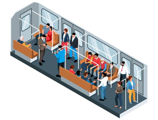 Isometric subway concept with train interior full of passengers vector illustration