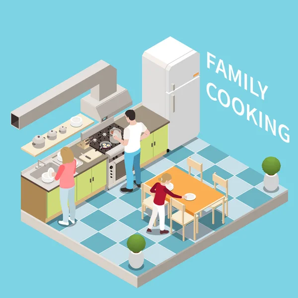 Familia Cocina Fondo Isométrico Con Padre Preparando Comida Madre Lavar — Vector de stock