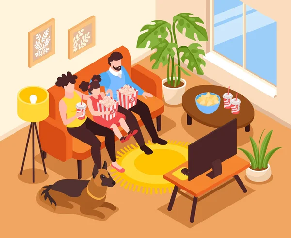 Isometric Home Cinema Concept Family Watching Living Room Vector Illustration - Stok Vektor