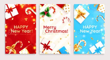 Noel süslemeleri. Parlak ışıklarla süslenmiş gerçekçi kartlar. Kurdeleli hediye kutuları ve lolipop çubukları çizimi.