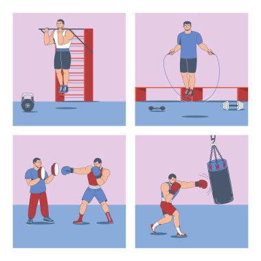 Dört kare boks antrenmanı karikatürü kompozisyonları seti. Sporcu görüşleri, vektör illüstrasyonları.