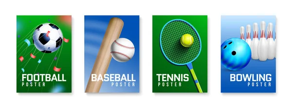 Realista Deporte Color Vertical Cartel Conjunto Fútbol Béisbol Tenis Bolos — Vector de stock