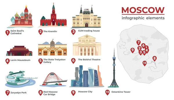 Moscú Mapa Infografías Con Planos Ciudad Esquema Ubicación Pins Imágenes — Vector de stock