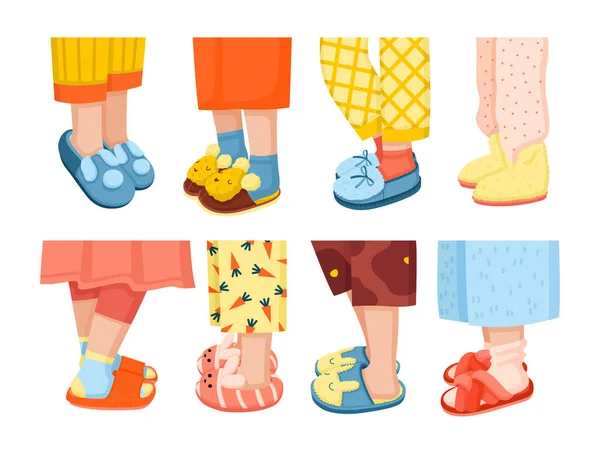 Flat Set Human Legs Wearing Colourful Soft House Slippers Pyjamas — Stock Vector