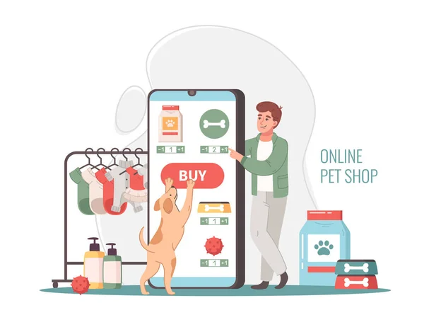 Online Dierenwinkel Cartoon Compositie Met Hond Knop Kopen Grote Smartphone — Stockvector