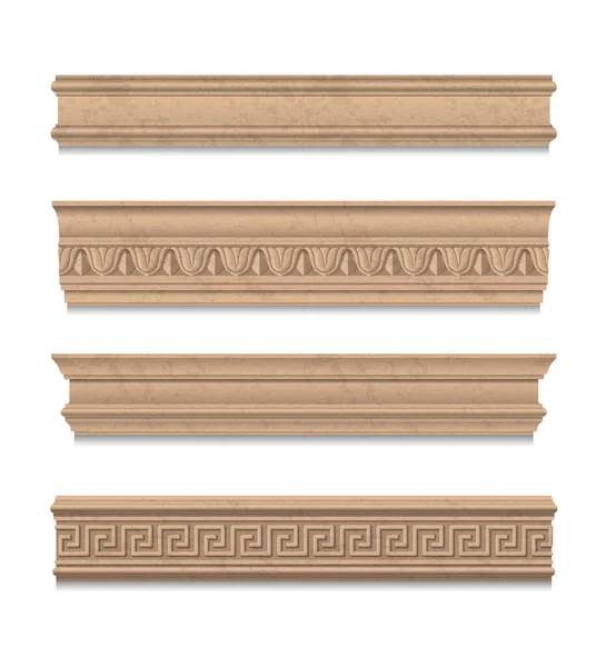 Wooden Molding Realistic Set Ceiling Cornices Classic Stile Isolated White — Stock Vector