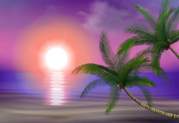 ココナッツヤシの木日没のビーチ屋外の日没の風景と現実的な組成紫色の空とエキゾチックな植物のベクトル図 — ストックベクタ
