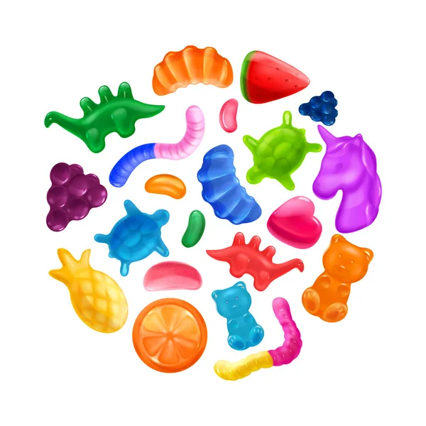 Ρεαλιστικό Chewy Ζελέ Σύνθεση Των Βιταμινών Κύκλο Μεμονωμένες Εικόνες Γλυκών — Διανυσματικό Αρχείο
