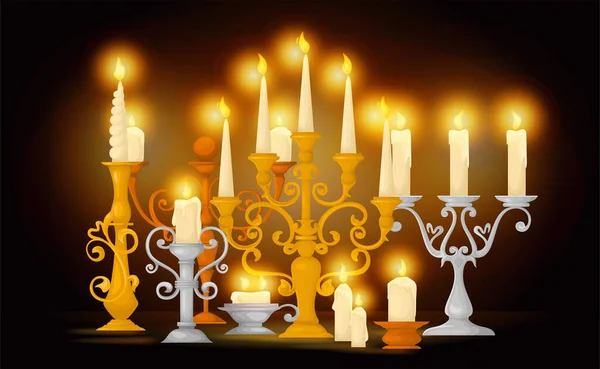 Retro Kerzenhalter Komposition Mit Blick Auf Brennende Kerzen Auf Retro — Stockvektor