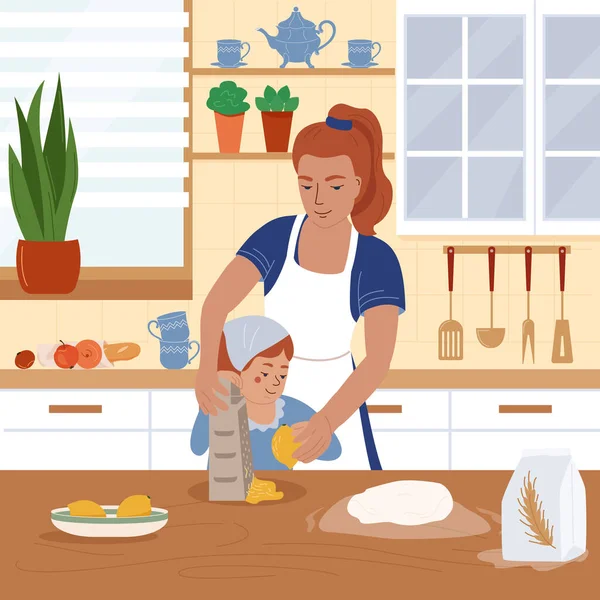 Familia Cocina Fondo Plano Con Madre Entrenando Hija Pequeña Cómo — Vector de stock