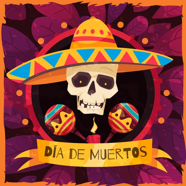 Meksyk Dzień Martwy Plakat Sombrero Symbole Muzyki Płaski Wektor Ilustracji — Wektor stockowy