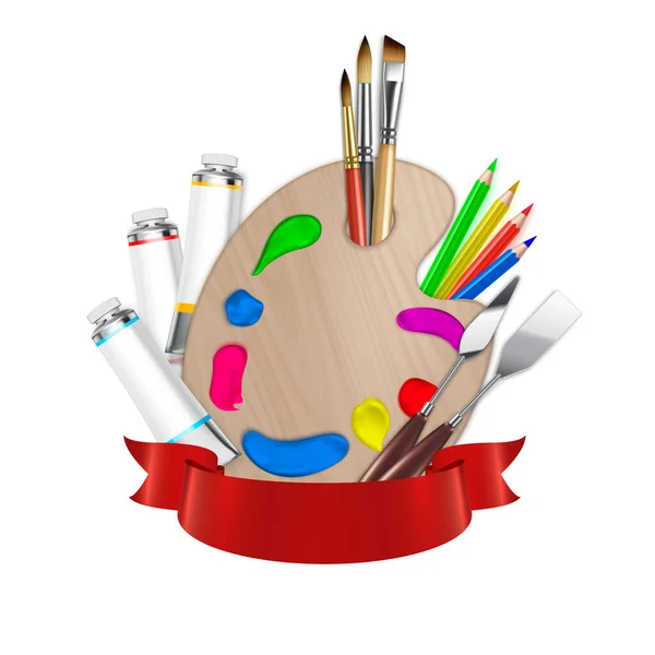 Artist Tools Realistisch Embleem Met Samenstelling Van Rood Lint Klassieke — Stockvector