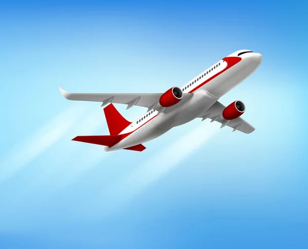 Ιπτάμενο Αεροπλάνο Ρεαλιστική Σύνθεση Ουρανό Τοπίο Και Αεροπλάνο Επιβατών Κερδίζοντας — Διανυσματικό Αρχείο