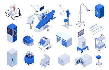 Diş kliniği için Isometric tıbbi ekipman ve mobilya seti 3 boyutlu vektör illüstrasyonunu izole etti