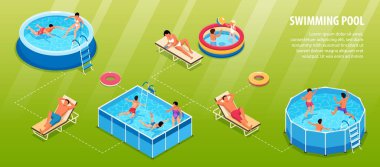 Farklı şekillerde su havuzları olan Isometric yüzme havuzu bilgileri insanlar sandalyeler ve düzenlenebilir metin vektör çizimleri sergiliyor