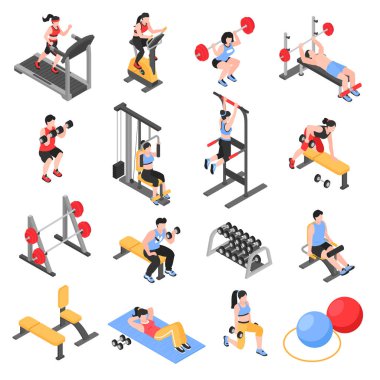 Erkek ve kadınların kapalı alanda izole edilmiş vektör illüstrasyonunda eğitim verdiği spor salonu ikonları.