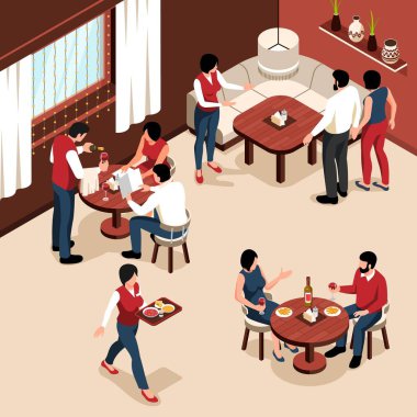 Konforlu içişleri vektör illüstrasyonunda ziyaretçi ve garsonların olduğu Isometric restoran konsepti