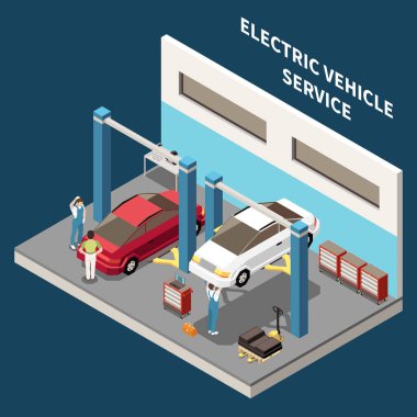 Atölye vektör ilüstrasyonunda teşhis ve araba bakımı yapan uzmanlarla birlikte elektrikli araç servisi izometrik arka planı
