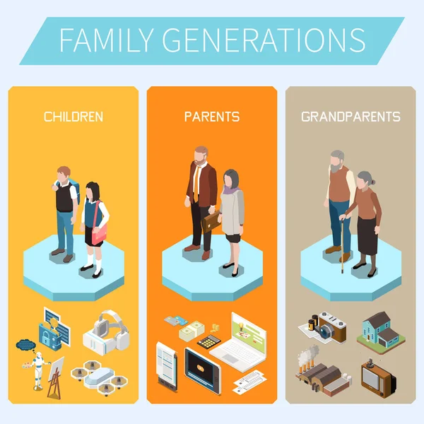 Generaciones Familiares Fondo Isométrico Que Representa Niños Padres Abuelos Personajes — Archivo Imágenes Vectoriales
