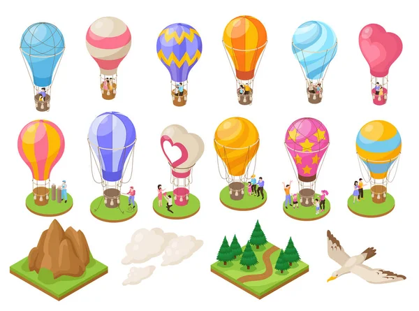 Isometric Hot Air Balloon Travel Icons Set Isolated Vector Illustration — Stock Vector