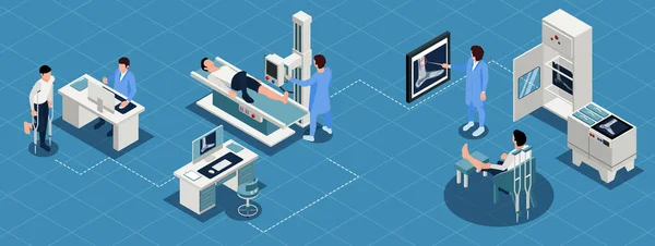 Conjunto Infográficos Isométricos Raios Com Símbolos Tecnologia Saúde Ilustração Vetorial —  Vetores de Stock