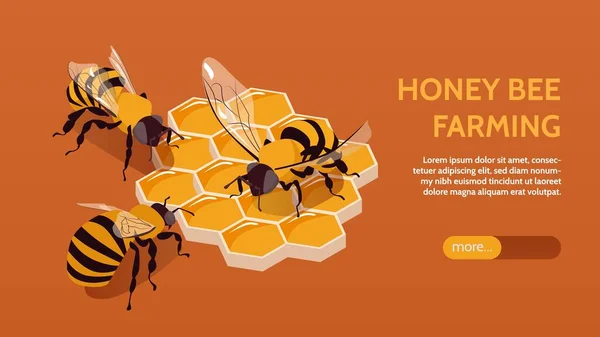 Beekeeping Isometric Horizontal Banner Bees Honeycombs Color Background Vector Illustration — Stock Vector