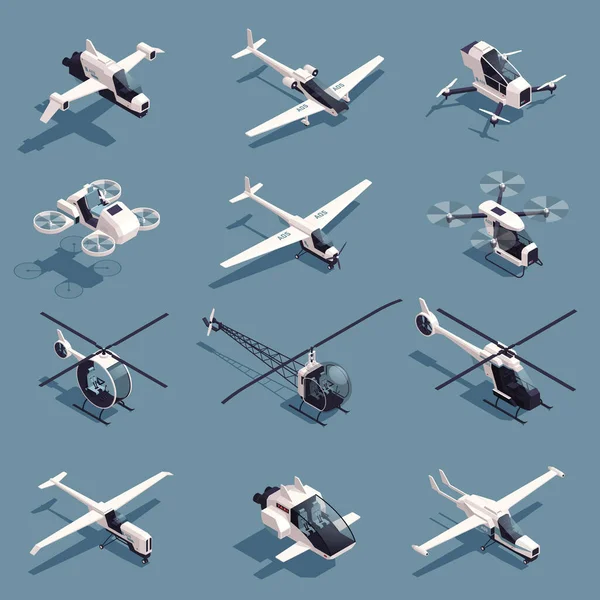 Moderne Lufttransport Isometrische Symbole Mit Flugzeugen Und Hubschraubern Isolierte Vektorillustration — Stockvektor