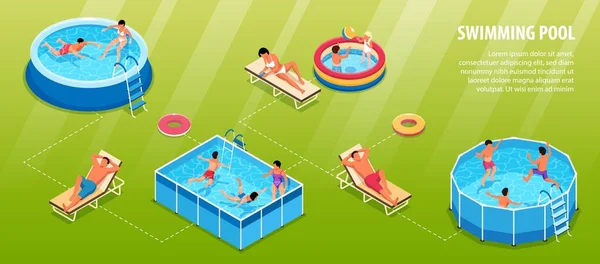 Isometric Swimming Pool Infographics Water Pools Different Shape People Lounge — Stock Vector