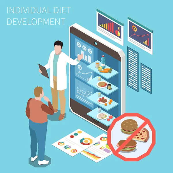 栄養士オンライン相談太りすぎの男性と等方組成禁止食品や個々の食事計画ベクトル図を作成する専門家 — ストックベクタ
